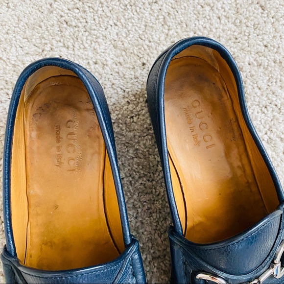 Gucci Navy Blue Genuine Pebbled Leather Loafer with Silver Horse-bit Size 7 - Picture 9 of 12